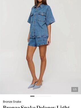 Bronze Snake Light Blue Denim Button-Up Shirt and Shorts Set